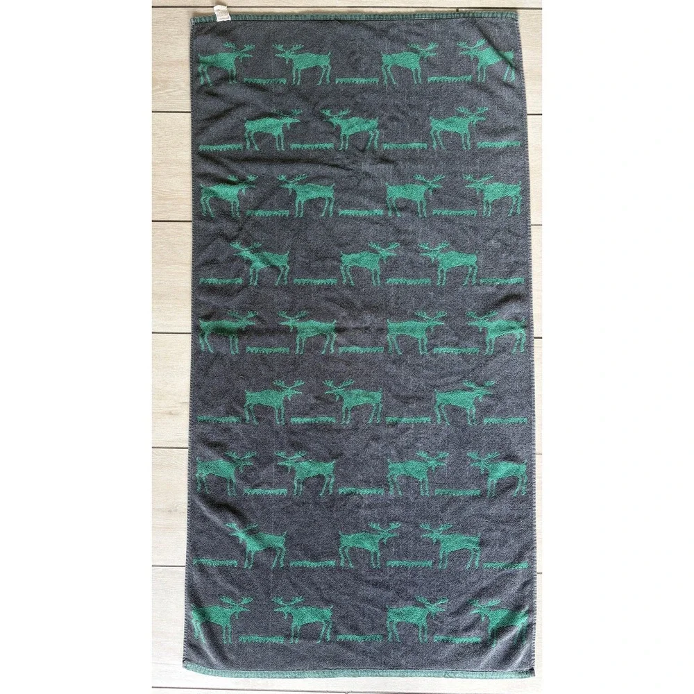 Vintage Kimlor Mills Green Grey Moose Bath Towel Rustic Lodge Cabin Decor 23x46